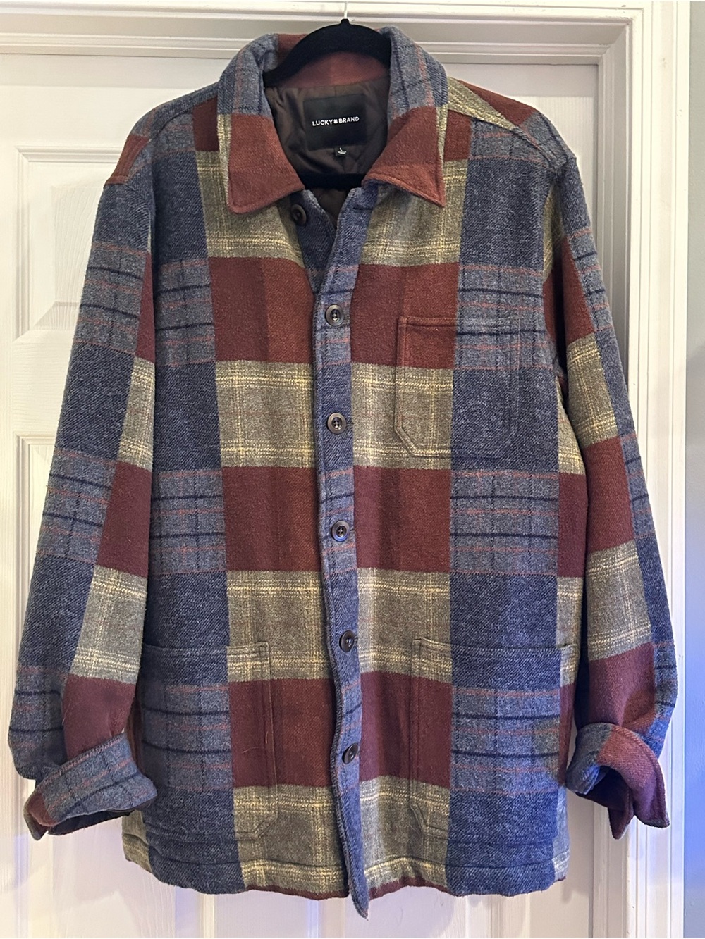Lucky Brand Men's Plaid Lightweight Shirt Jacket in Blue, Brown & Tan